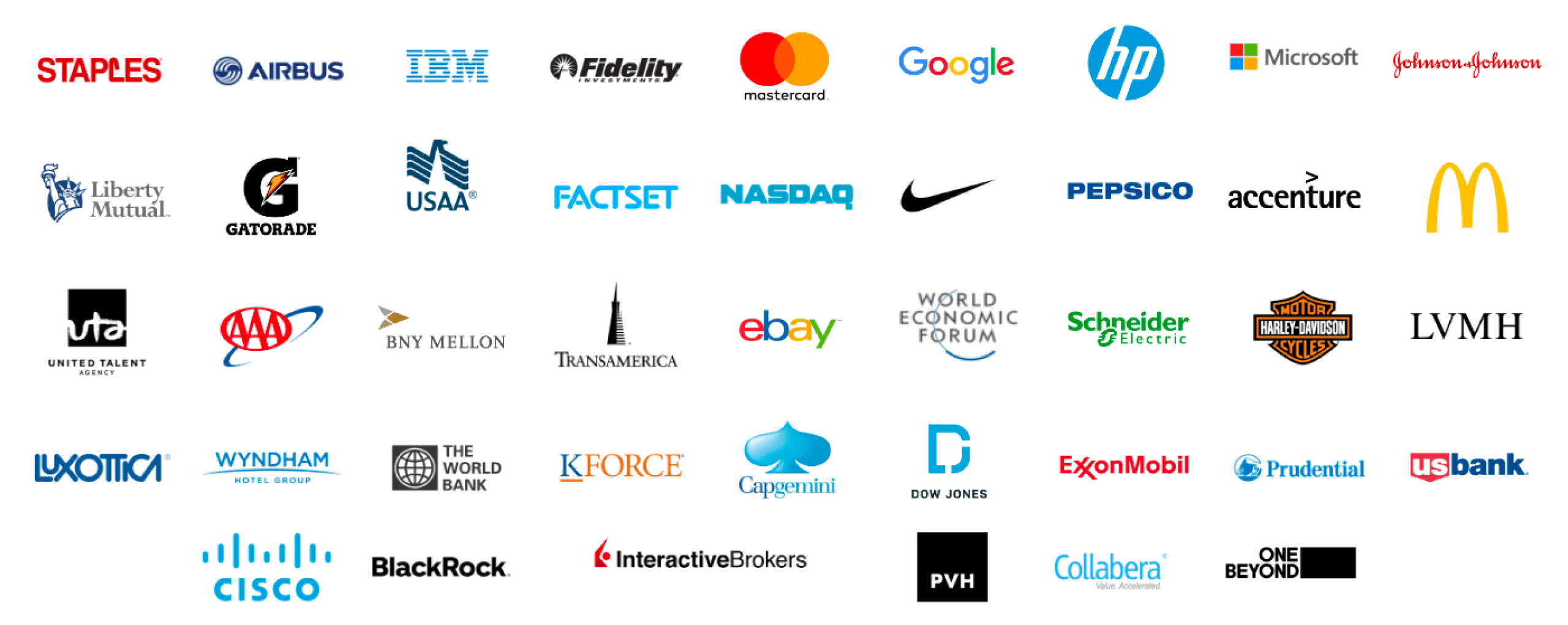 Logo wall, including Staples, Airbus, IBM, Fidelity, MasterCard, Google, HP, Microsoft, Johnson & Johnson, Liberty Mutual, Gatorade, USAA, Factset, NASDAQ, Nike, Pepsico, Accenture, McDonlad's, United Talent Agency, AAA, BNY Mellon, TransAmerica, eBay, World Economic Forum, Schneider Electric, Harley-Davidson Motorcycles, LVMH, Luxotica, Wyndham Hotel Group, The WorldBank, KForce, Capgemini, Dow Jone, ExxonMobil, Prudential, U.S. Bank, Cisco, BlackRock, InteractiveBrokers, PVH, COllabera, and One Beyond.